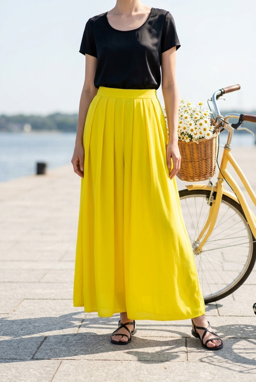 Unbranded Yellow Pleated High-Waisted Maxi Skirt 32” waist